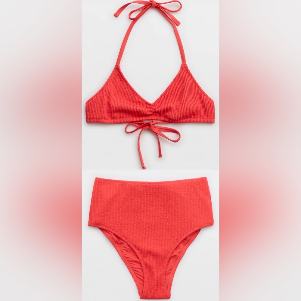 NWT Aerie FULL SET Crinkle Halter Voop Top + High Waisted Bottom Resort Red - S